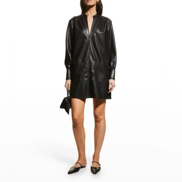 Rebecca Taylor Vegan Leather Tunic Dress Black Small V-Neck - Picture 1 of 5